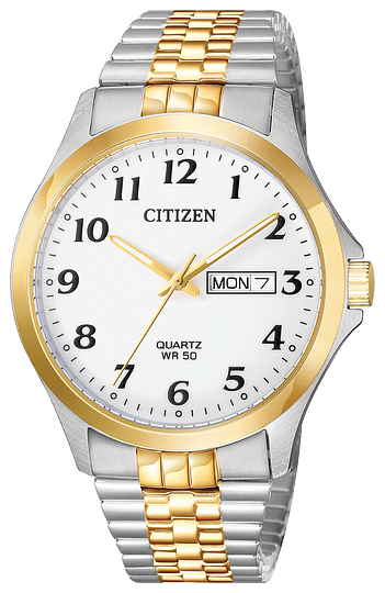 420083 CITIZEN® Quartz timepiece features a two-tone stainless steel case and expansion bracelet