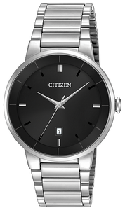 420039 CITIZEN® Quartz timepiece features a stainless steel case and bracelet with a black dial and date.