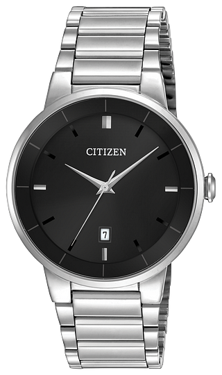 420039 CITIZEN® Quartz timepiece features a stainless steel case and bracelet with a black dial and date.