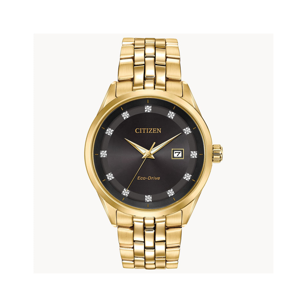 410117 CITIZEN® Eco-Drive Gold Tone Stainless-Steel Watch With Black Face & Diamond Hour Markers