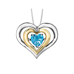 304478 Sterling Silver and 10KT Gold Double Heart Pendant with Dancing Blue Topaz and Diamond