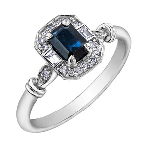 060190 10KT White Gold Blue Sapphire, White Sapphire & 0.08CT TW Diamond Ring