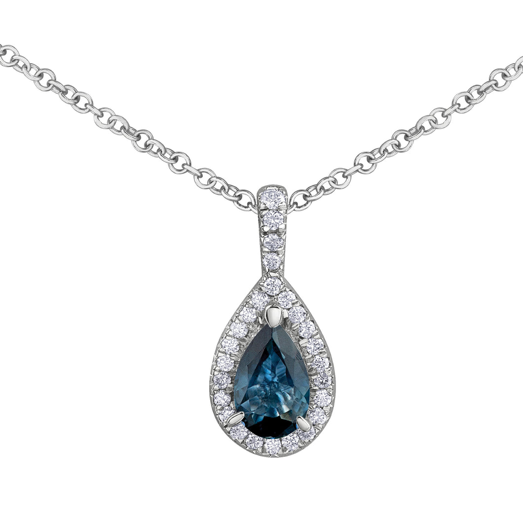 170013 10KT White Gold Pear Sapphire & 0.08CT TW Diamond Necklace