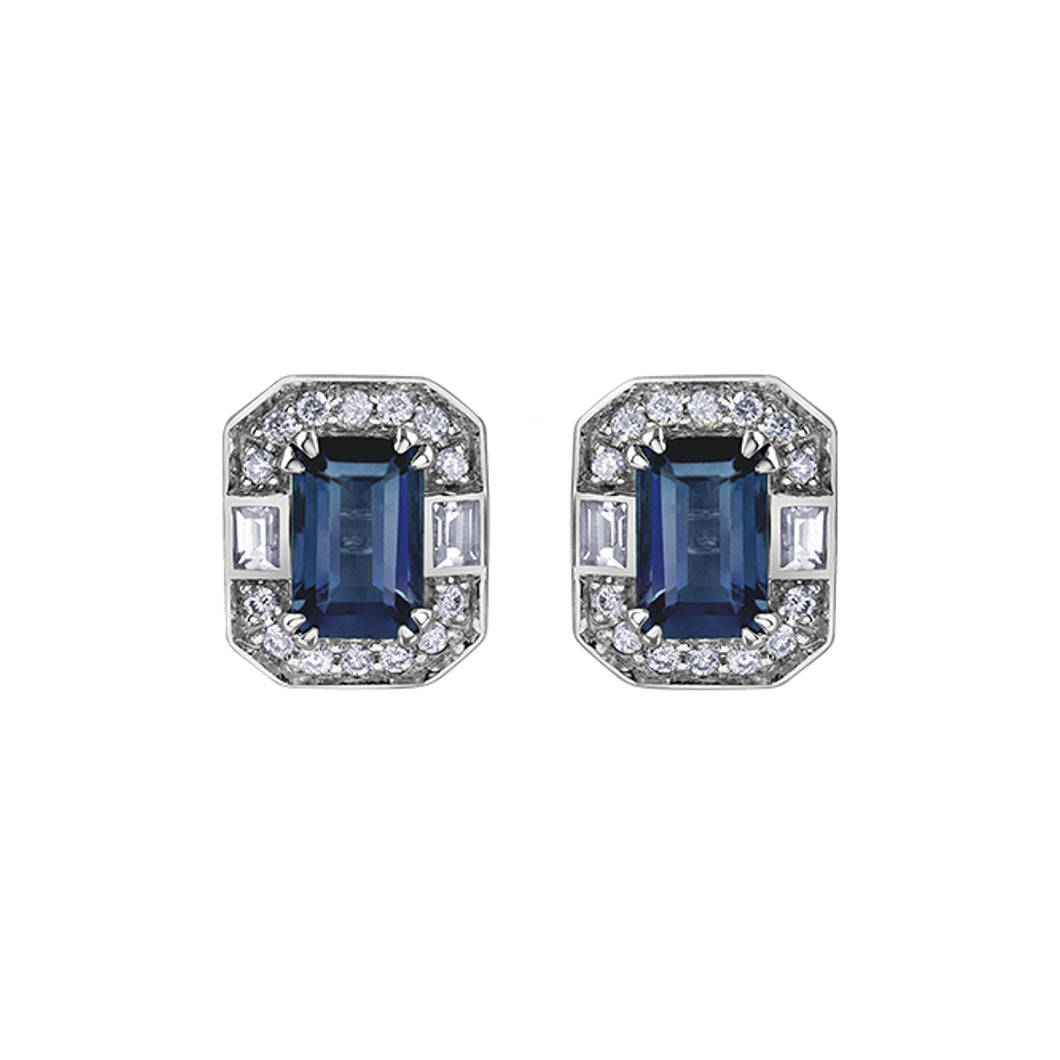 180085 10K White Gold Blue Sapphire, White Sapphire & Diamond Stud Earrings