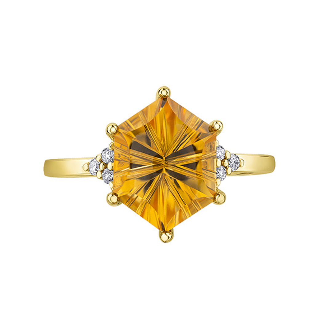 060109 OUT OF STOCK, PLEASE ALLOW 3-4 WEEKS FOR DELIVERY 10KT Yellow Gold Fantasy Cut Citrine & Diamond Ring