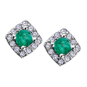 180020 10KT White Gold Emerald Gemstone with 0.12CT TW Diamond Halo Earrings