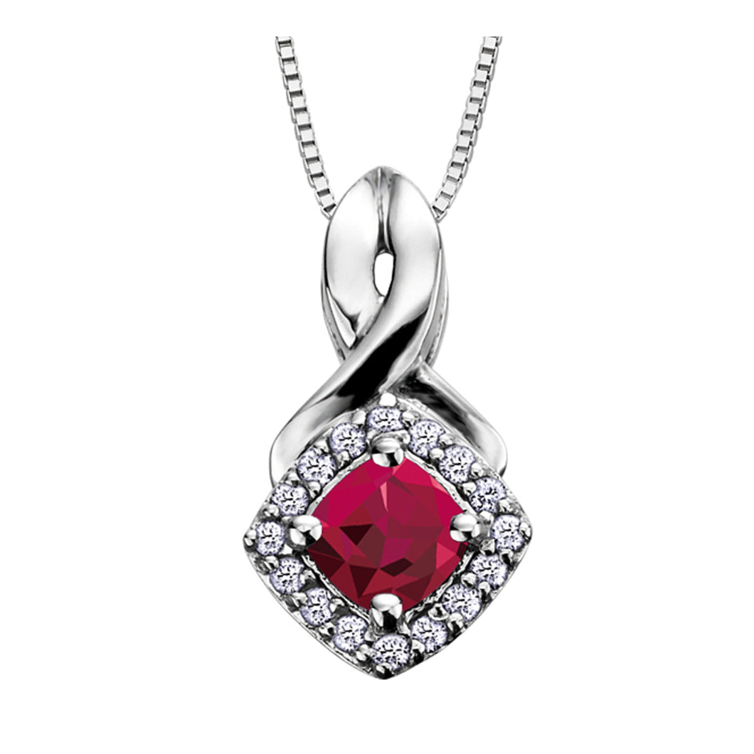 170076 OUT OF STOCK PLEASE ALLOW 3-4 WEEKS FOR DELIVERY 10KT White Gold Ruby with 0.08CT TW Diamond Halo Pendant