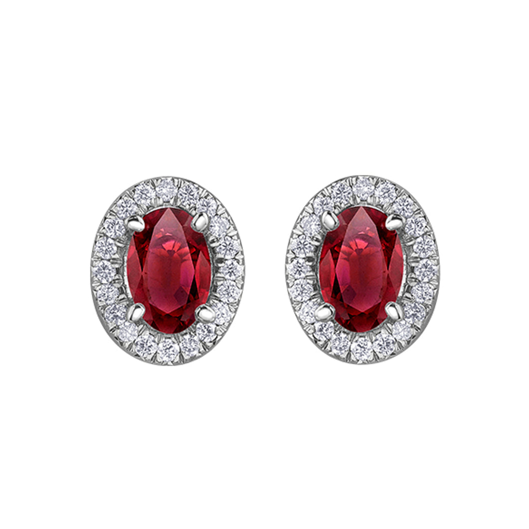 180082 10KT White Gold Oval Ruby & .10CT TW Diamond Stud Earrings