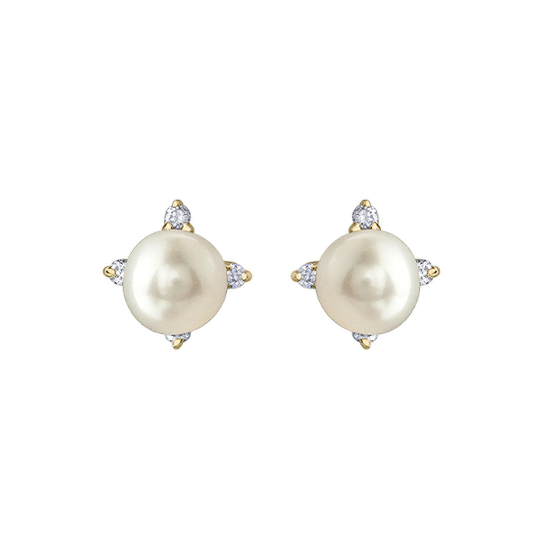 341285 10KT Yellow Gold Pearl & Diamond Birthstone Earrings