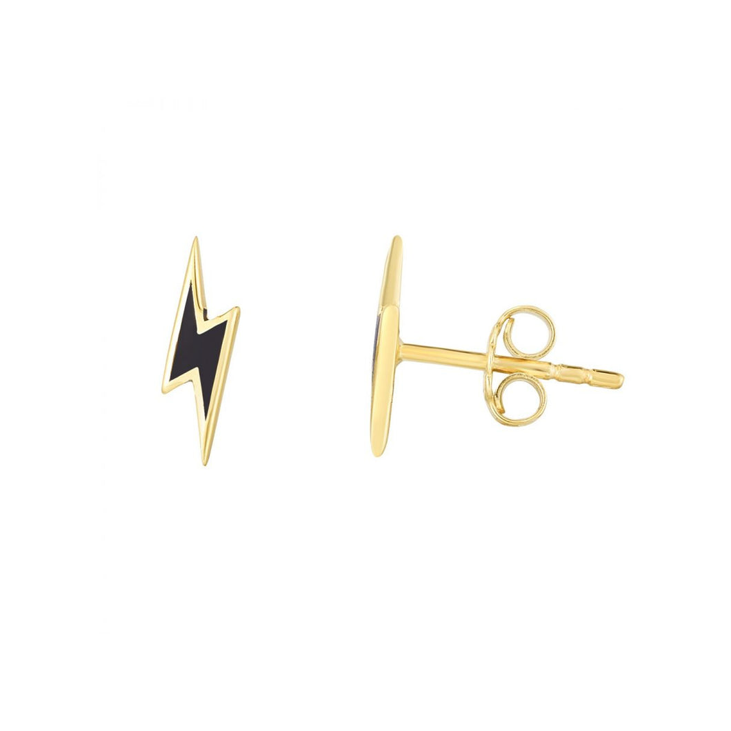 231941 10KT Yellow Gold Lightening Bolt with Black Enamel Stud Earrings