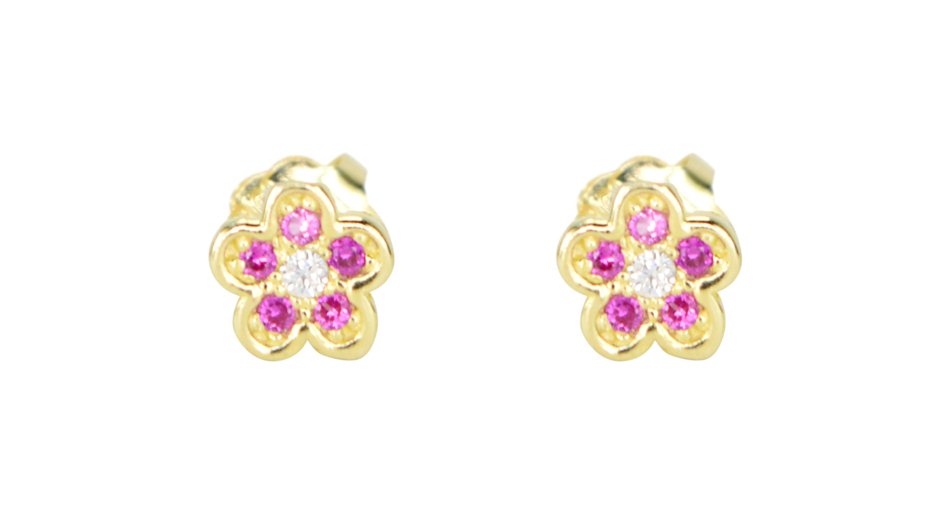 231726 10K Yellow Gold Twist back Pink Flower Cubic Zirconia Children's Stud Earrings