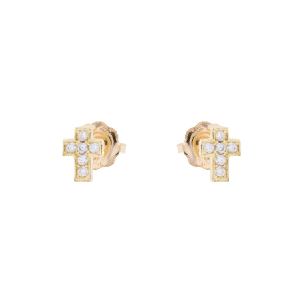 231464 10K Yellow Gold Protective Twist-back Cross with Cubic Zirconia Children's Stud Earrings