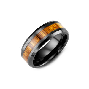 130504 Black Ceramic with Koa Wood Inlay Wedding Band Size 10