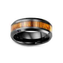 Load image into Gallery viewer, 130504 Black Ceramic with Koa Wood Inlay Wedding Band Size 10
