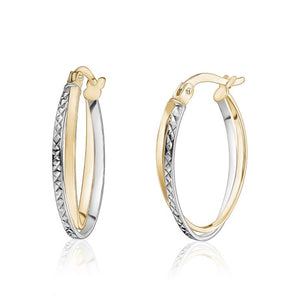 231754 10K White & Yellow Gold Diamond Cut Thin Oval Twist Hoop Earrings